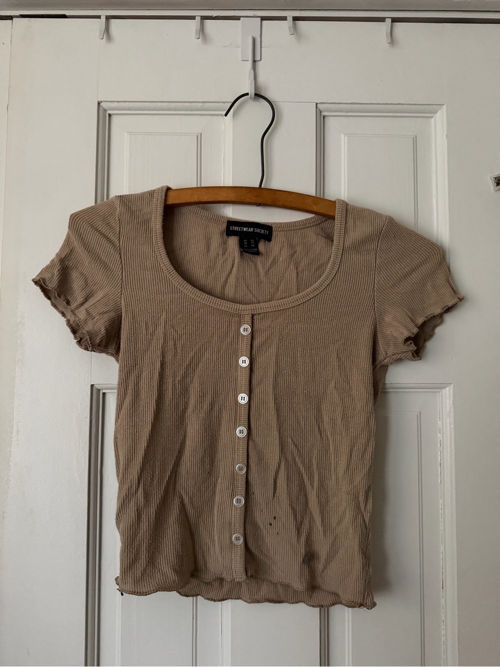 Streetwear Society Tan Ribbed Scoop Neck Button-Up Crop Top